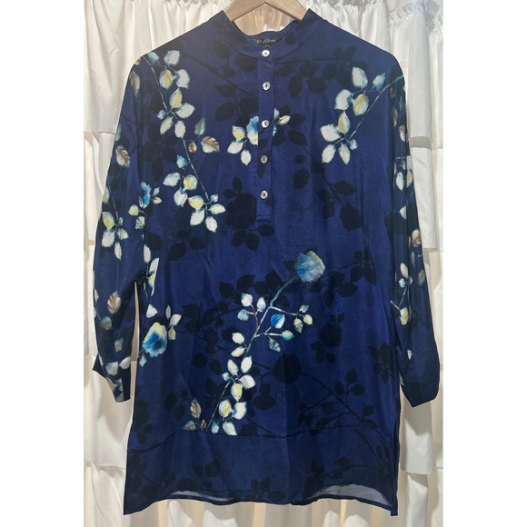 St John Silk Floral Navy Blue Black Button Front Tunic Top Blouse Shirt Small - Picture 2 of 10